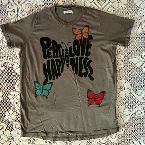 Lauren Moshi Charcoal Grey Crystal Peace Love Happiness Butterfly Tee XS